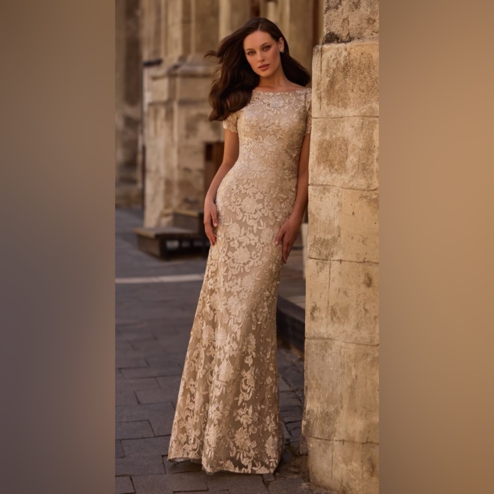 La Femme Floral Lace Dress in Beige